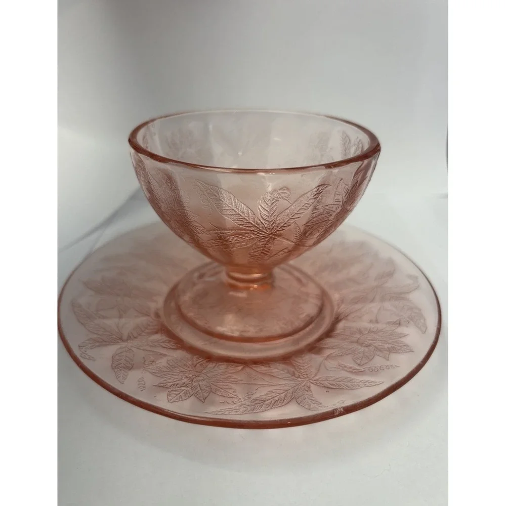 Jeannette Floral Poinsettia Pink Depression Glass Sherbet Cups Plates Set 12pc